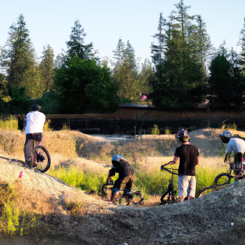 BMX enthusiasts checking out a new trail feature at Sheep Hills BMX Dirt Trails