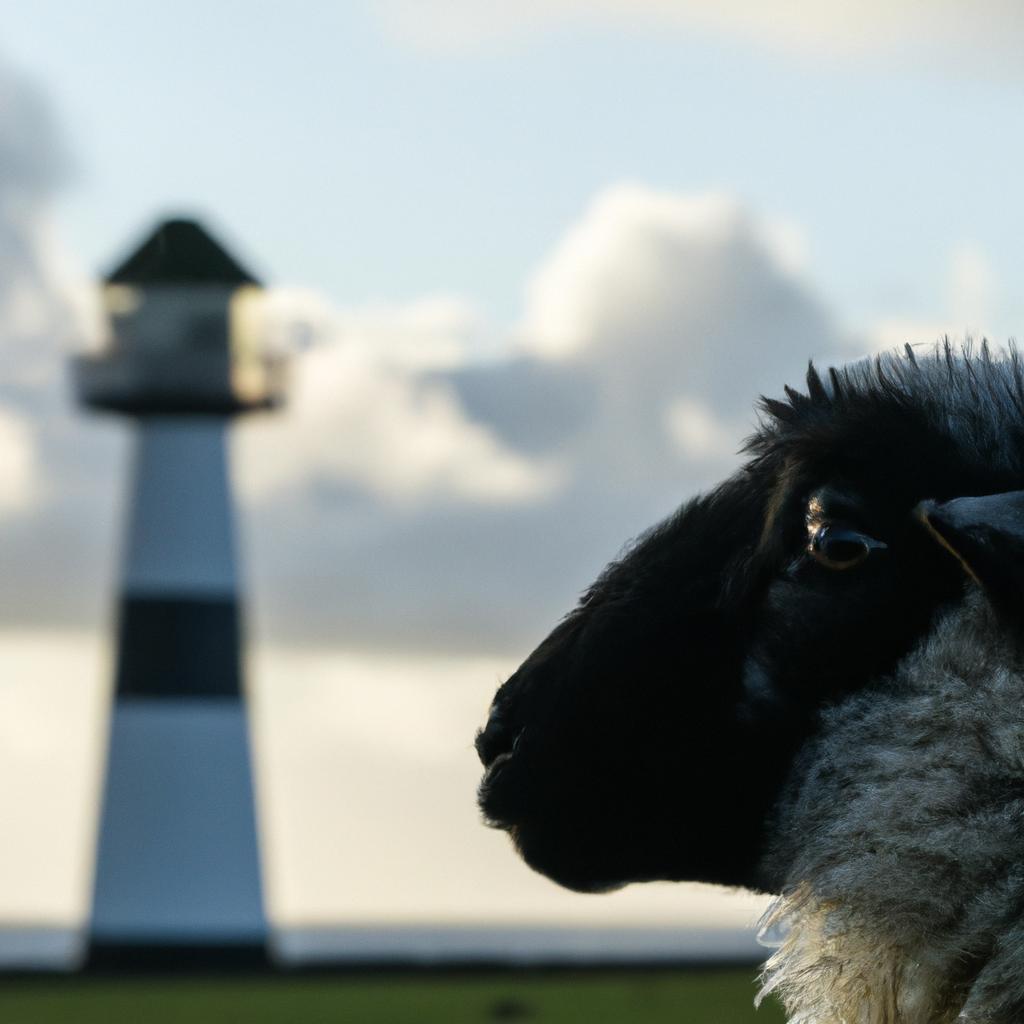 The sheep seems unfazed by the majestic lighthouse towering behind it.