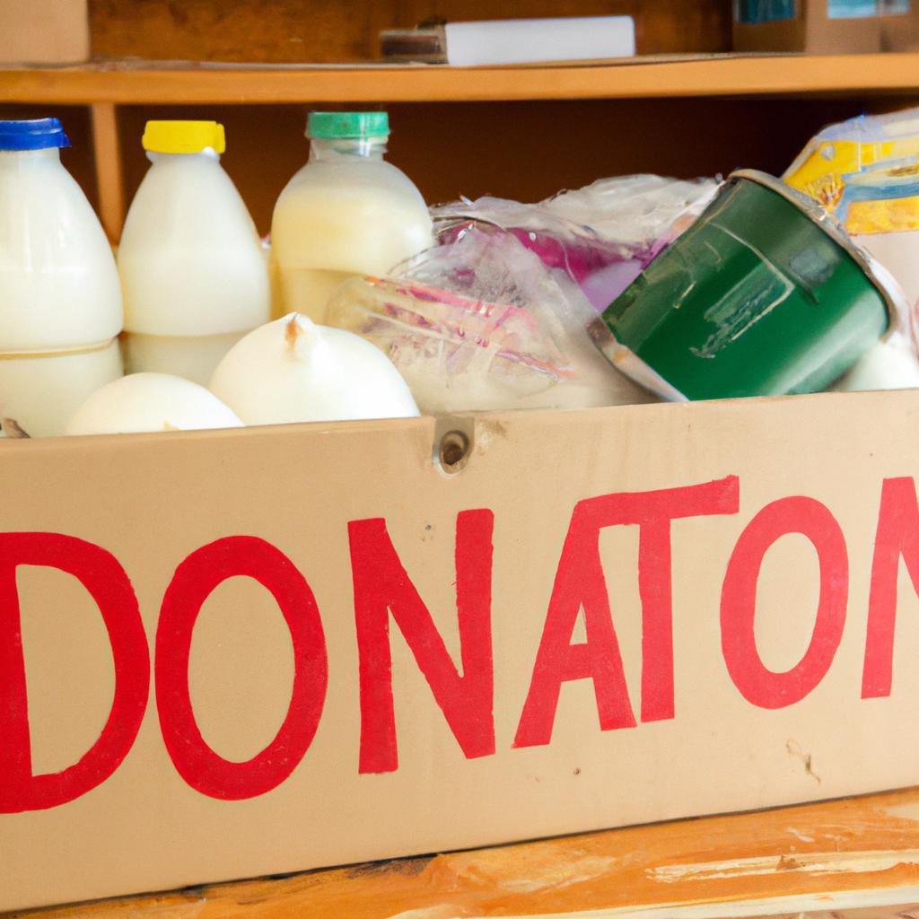Donation box at Feed My Sheep Food Pantry, accepting non-perishable food items and monetary donations