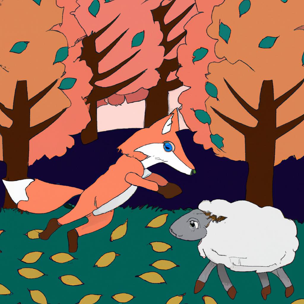 The fox relentlessly pursues the sheep through the vibrant autumn foliage.