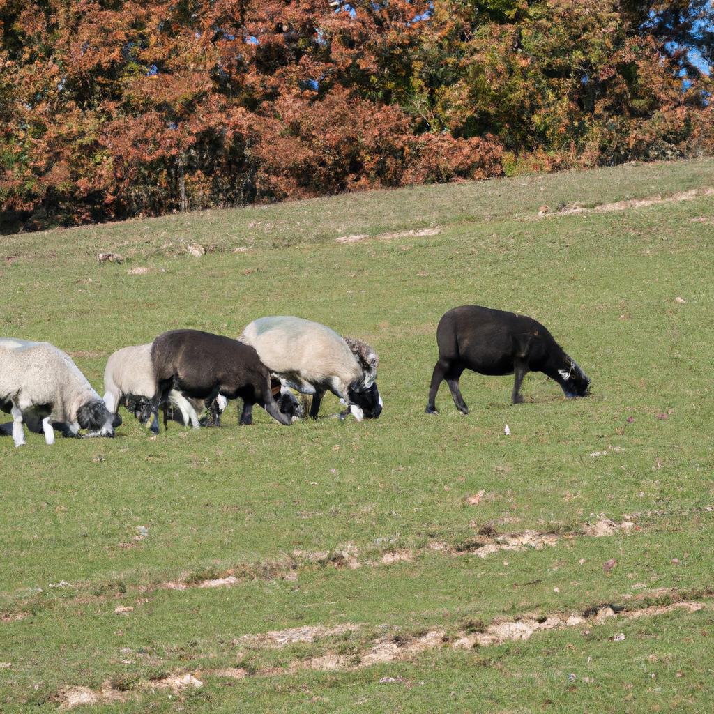 The flock of Blue Faced Leicester Sheep graze peacefully on the picturesque hill