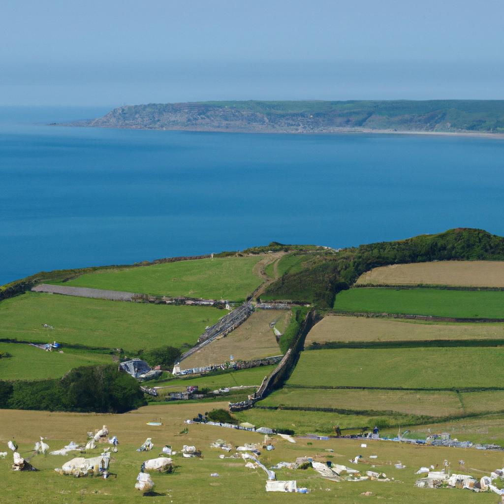 The sheep farm is nestled between rolling hills and the vast ocean.