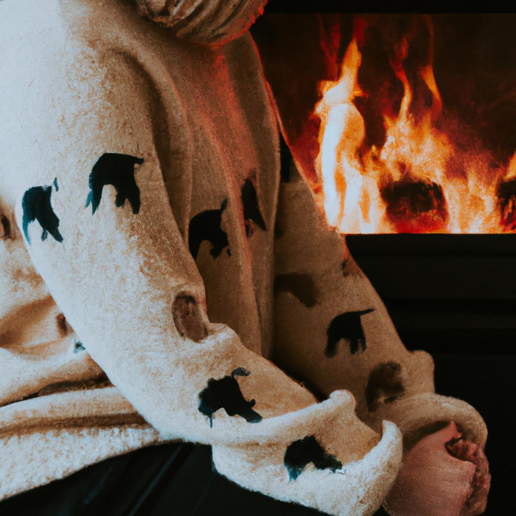 This person is enjoying the warmth of their sheep sweater as they relax by the fireplace on a cold winter night