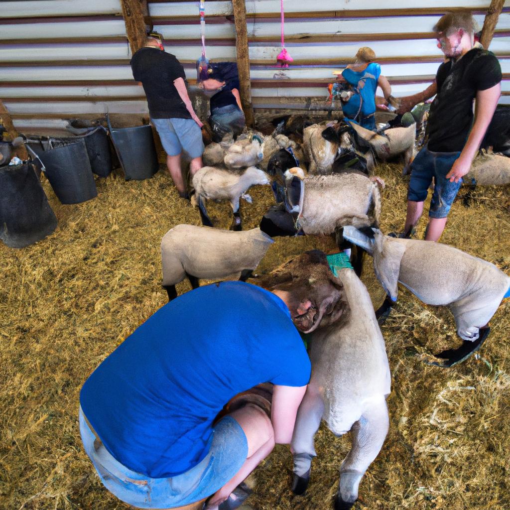 Young participants preparing their sheep for competition at the All American Junior Sheep Show.