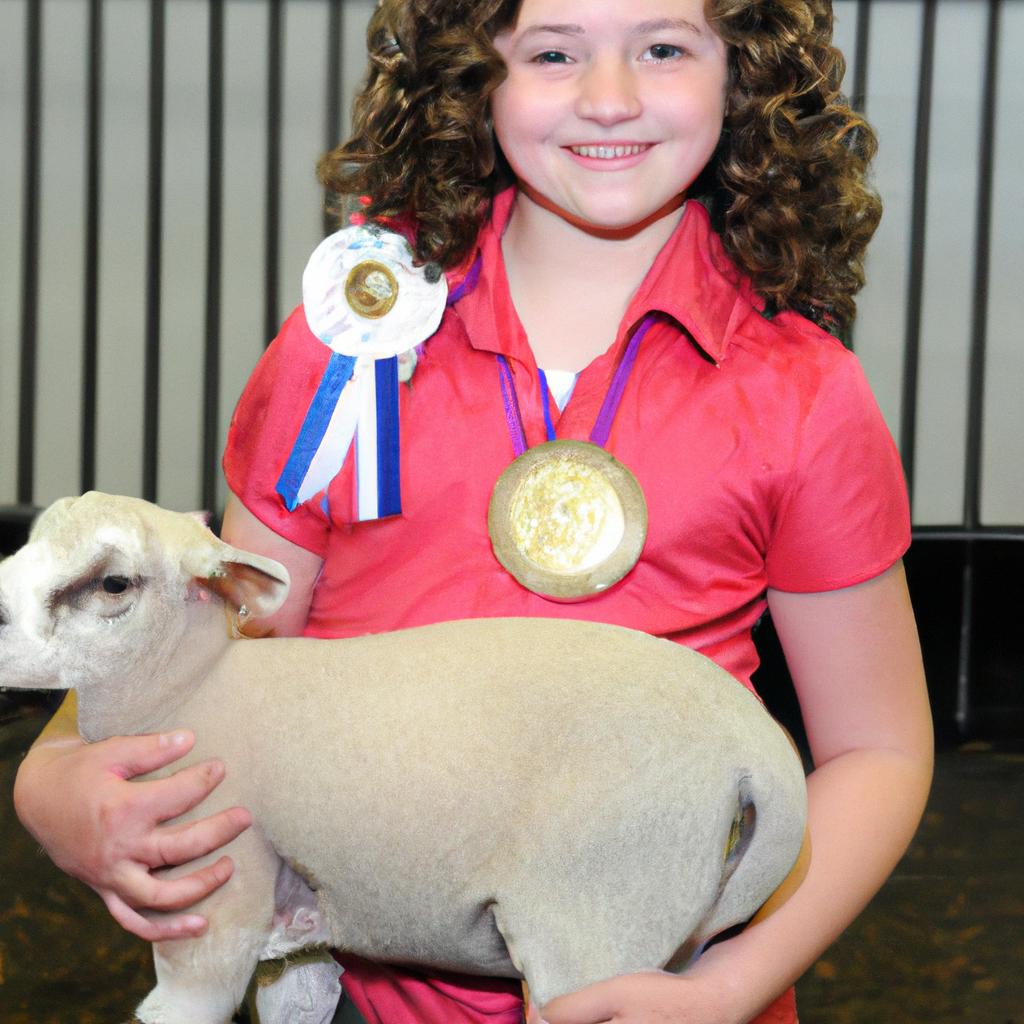A proud young participant posing with their prize-winning sheep at the All American Junior Sheep Show.