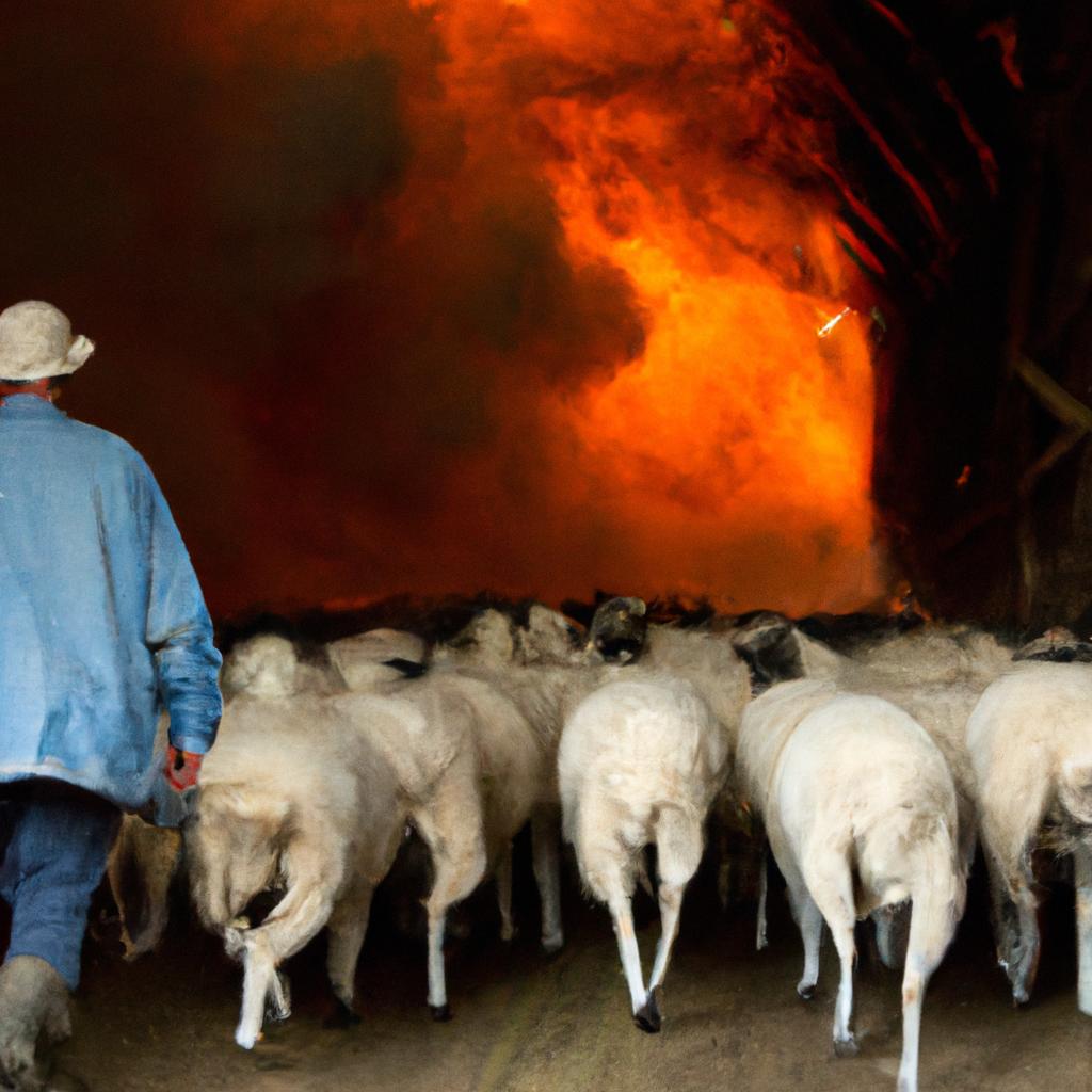The farmer leads his sheep to safety during a barn fire.