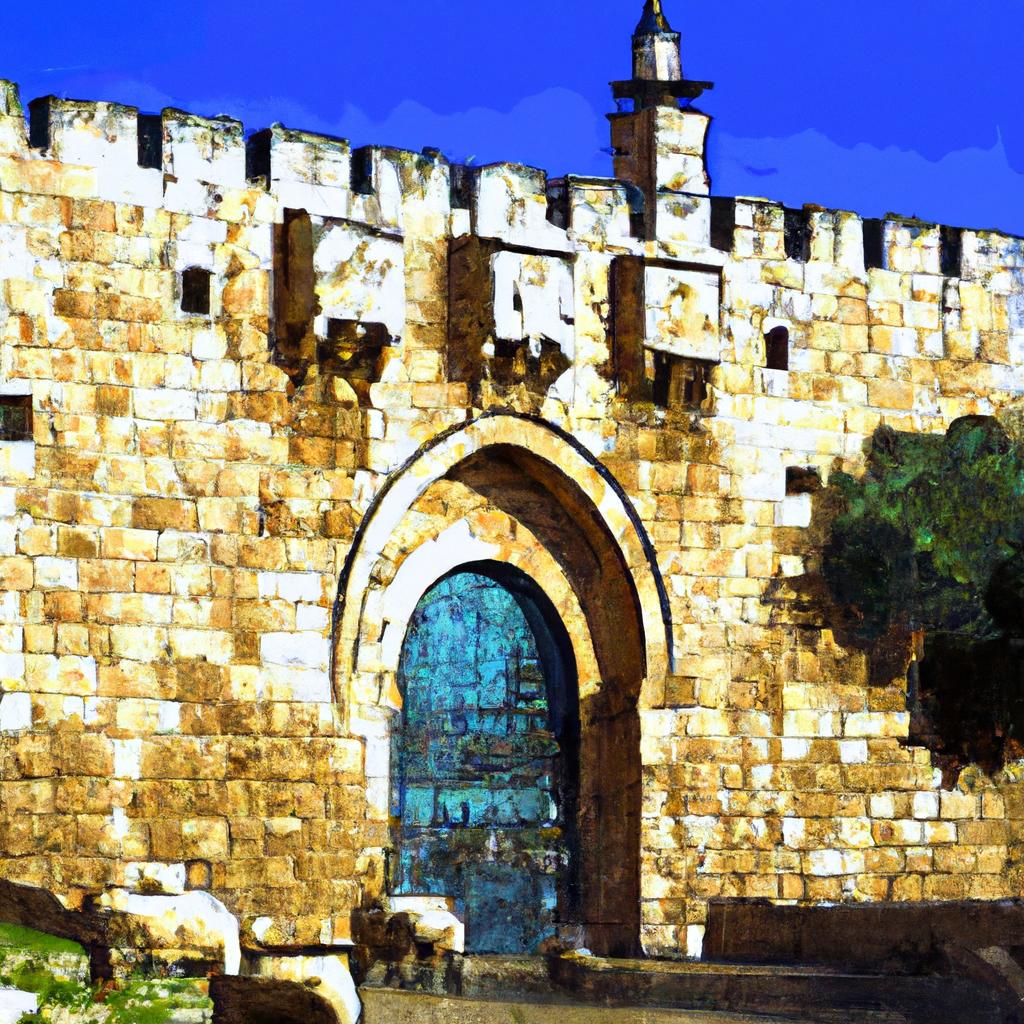 The Sheep Gate of Jerusalem standing tall against a clear blue sky