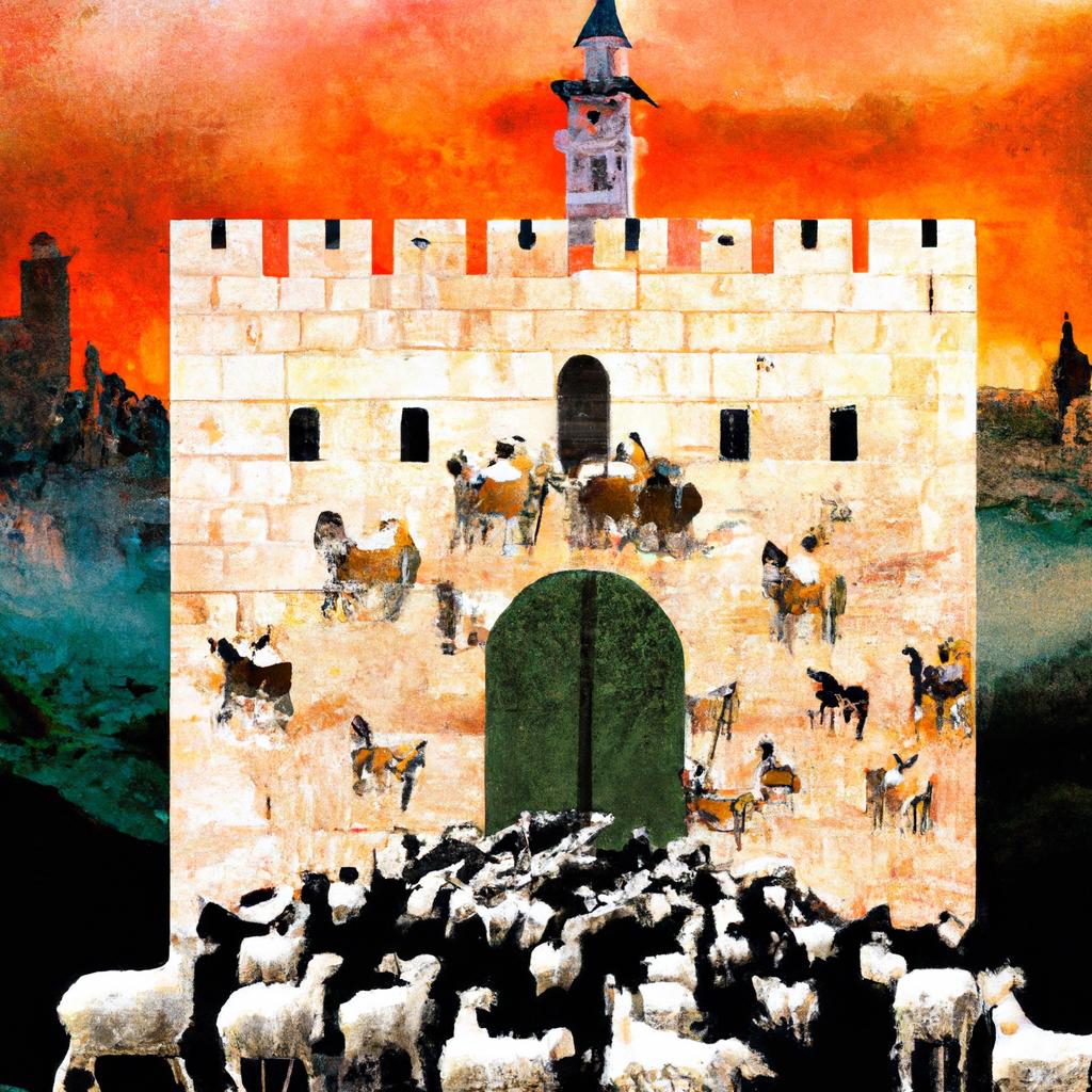 The Sheep Gate of Jerusalem with a heavenly glow and an angelic figure