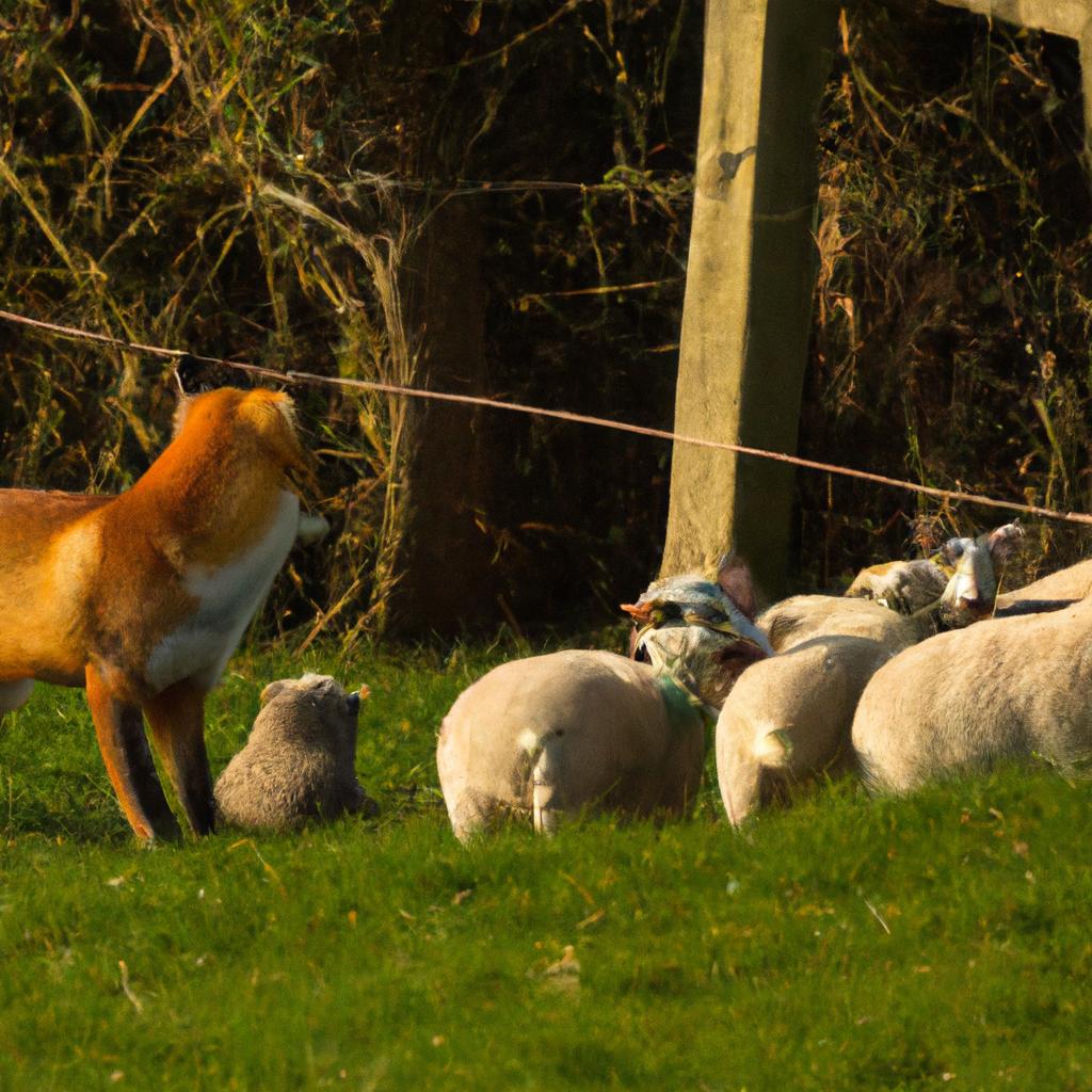 The sheep band together in solidarity as the fox lurks in the shadows.