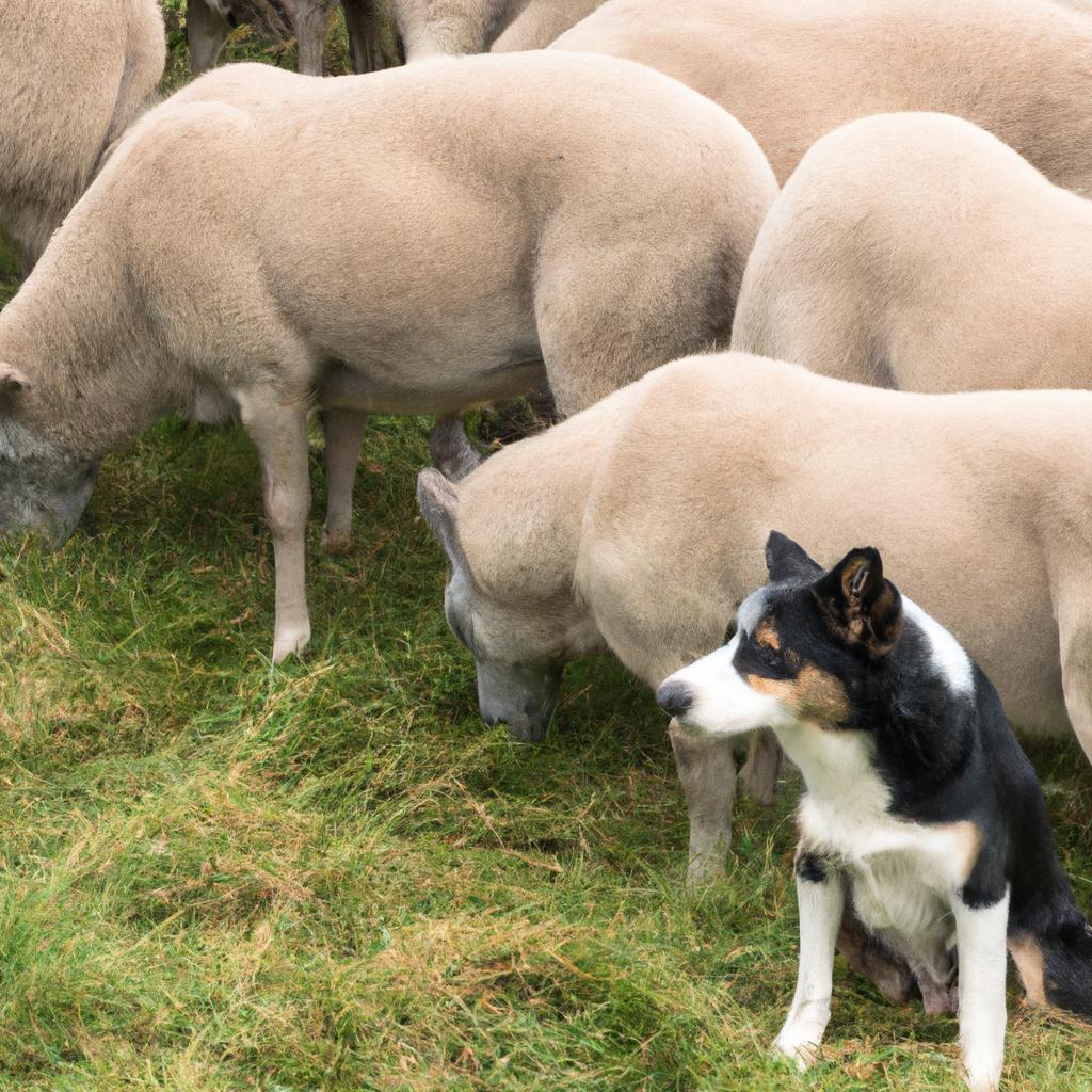 A group of sheep seek safety in numbers with their guardian sheepdog nearby