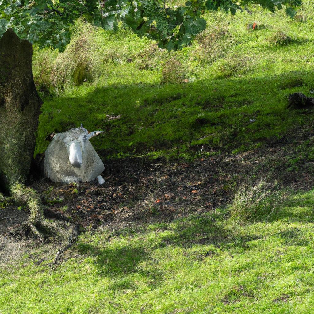 A sheep taking a break from grazing and enjoying the shade of a tree.
