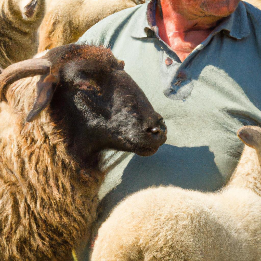 This shepherd is keeping a close eye on his unique sheep with a different wool color