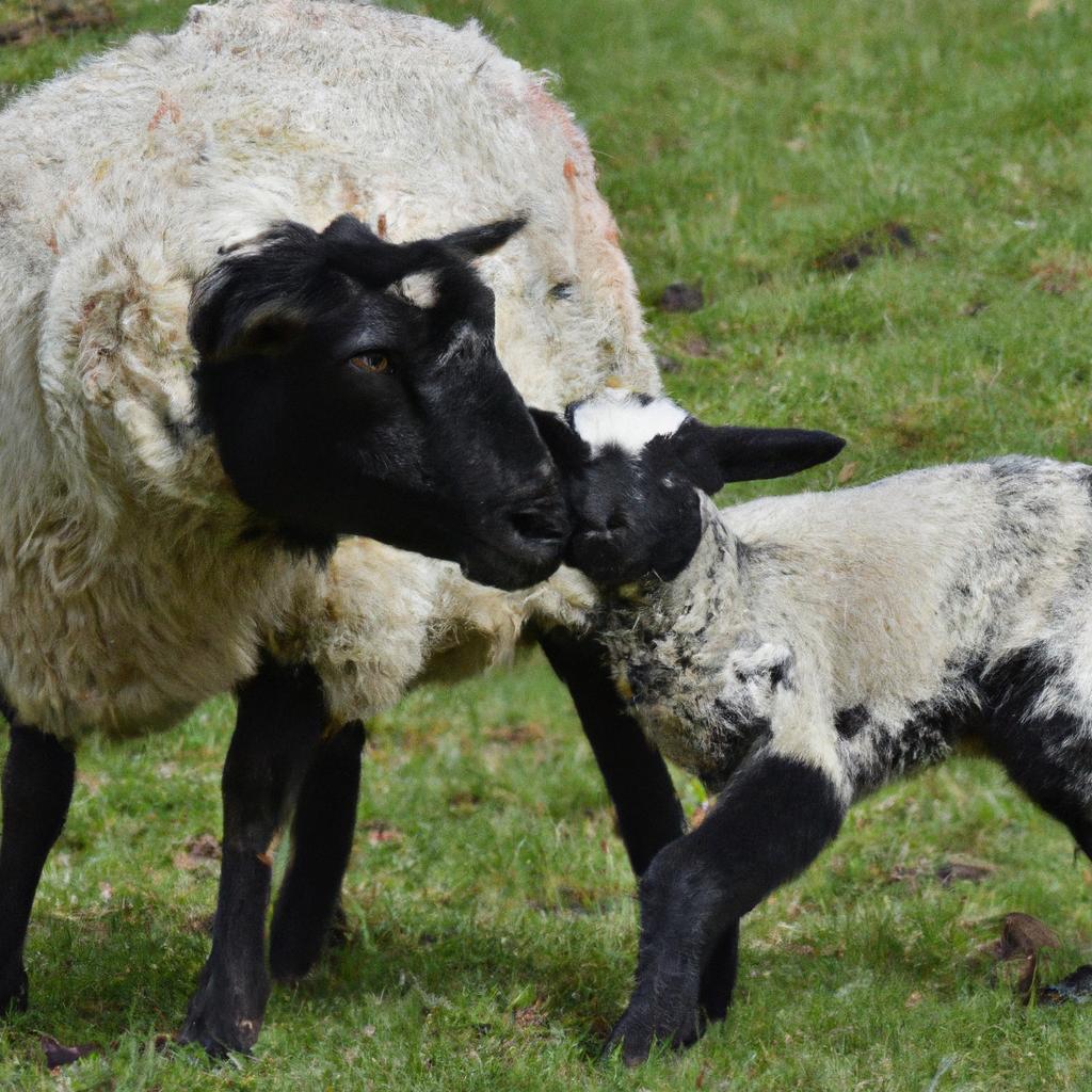 Cute Valais Blacknose Sheep lamb bonding with its mother