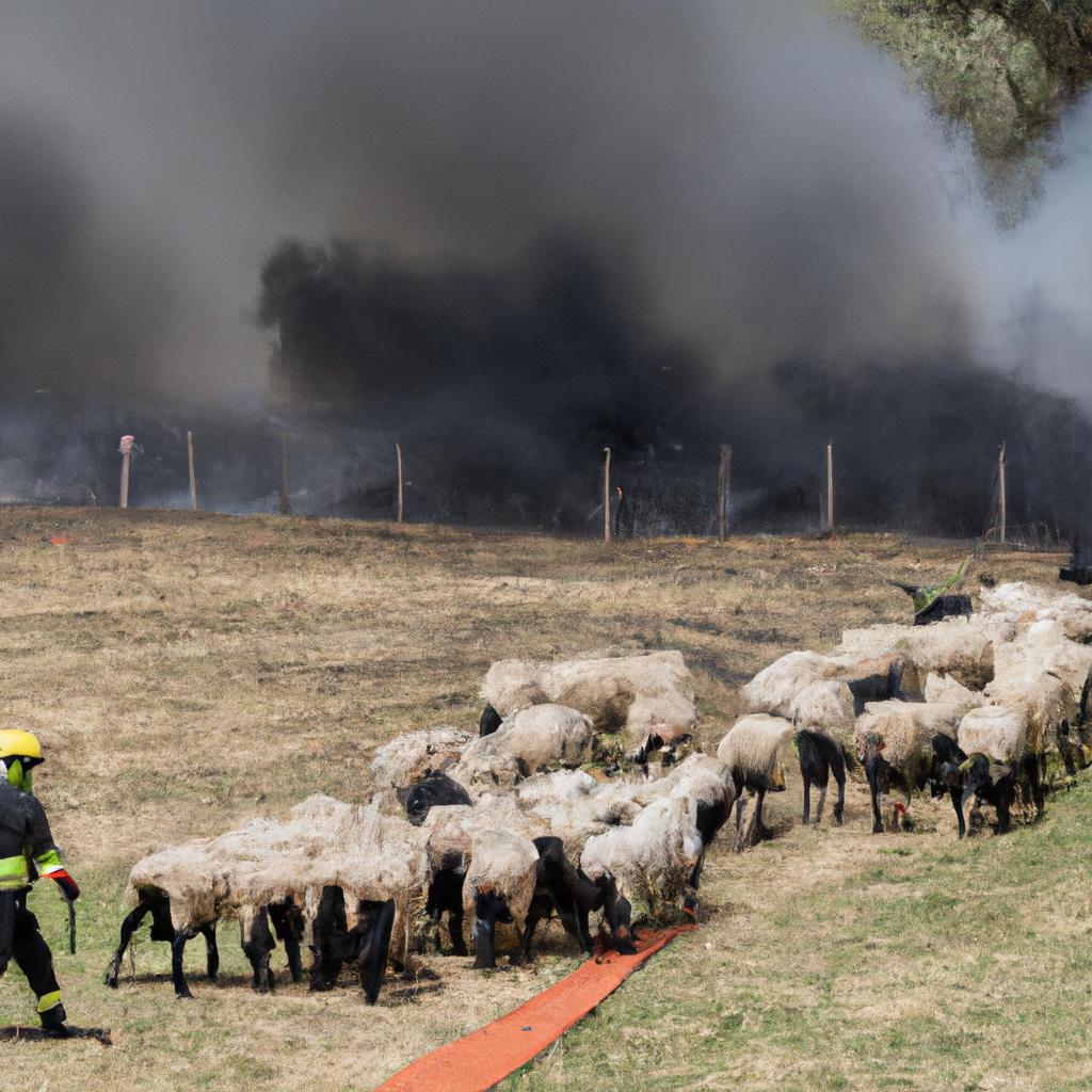 Firefighters work to contain a wildfire near a sheep farm, protecting both animals and property.