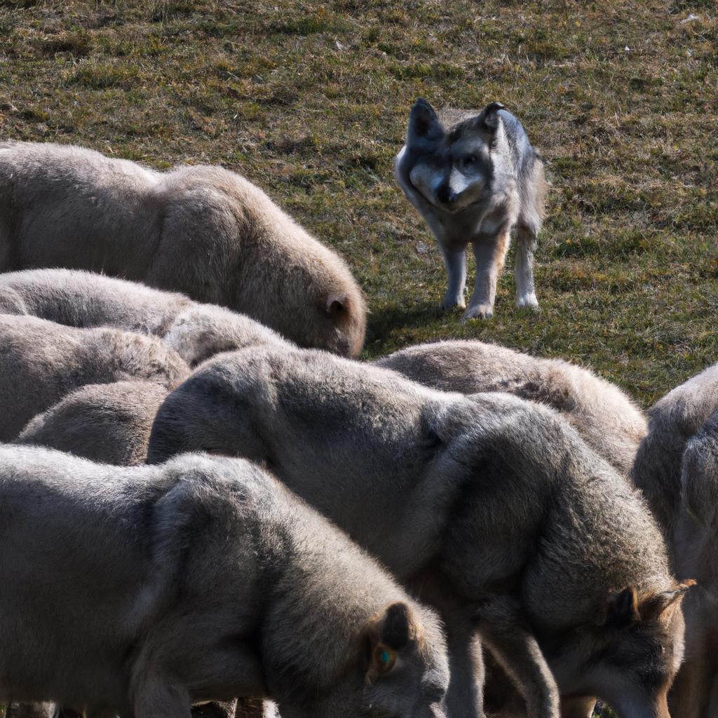 A wolf waits for the right moment to strike a herd of unsuspecting sheep